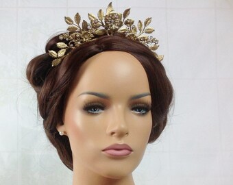 Bridal crown - Gold leaf headband with Swarovski crystal - Ready to ship