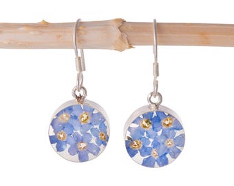 May include: A pair of silver earrings with a round, clear resin charm featuring a cluster of blue forget-me-not flowers.