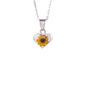 Real Sunflower Jewelry, Floral Resin Necklace, Gift for Girl, Necklace for Child, Tiny Heart Necklace Sunflower, Pendant with Sunflower