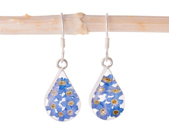 May include: A pair of silver teardrop earrings with blue forget-me-not flowers pressed inside the resin.