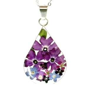 Handmade Teardrop Real Flower Pendant Necklace, Purple Alfombrilla Resin Jewelry, Botanical Flower Charm, Statement Florals