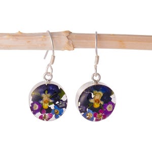 Handmade Preserved Flower Earrings, Flower Jewelry, Purple Flower Earrings, Dangle Silver Round Earrings, Forget Me Not and Pansy Flowers