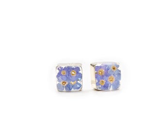 May include: A pair of silver stud earrings with small square resin settings featuring pressed forget-me-not flowers.