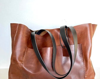 Cognac Brown Leather Tote Large Bag - Brown Leather Bag - Camel Leather Bag- Leather Tote- leather tote,simple leather tote