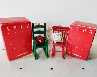 Vintage Avon Timeless Treasures set Grandpa and Grandma Christmas tree ornaments Rocking Chairs 1980's