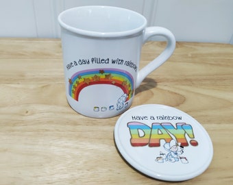 Vintage Hallmark porcelain mug mates coffee mug with coaster. Have a day filled with rainbows! Made in Japan 1980's