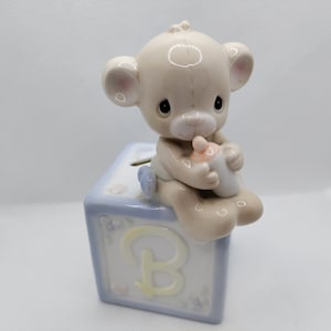Enesco Precious Moments Baby Bear on block baby bank 1990