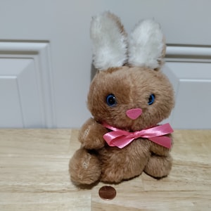 May include: A brown plush bunny with white ears and blue eyes. The bunny is wearing a pink bow around its neck.