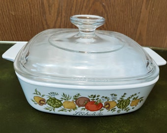 Vintage Corningware 1 quart casserole dish Spice of Life L'Echalote with lid 1970's from oven or microwave to table