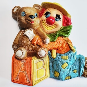 Vintage Wall plaque Clown with Bear by Frankies Designs smallish size hard foam plastic 1984 7 and 1/4 inches by 7 inches