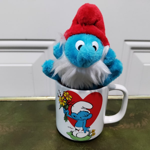 Vintage Papa Smurf plush 7 inch with vintage Peyo Coffee cup both from Wallace Berrie and company 1981