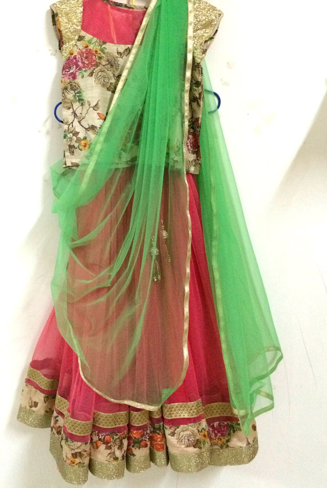 Beige Floral Silk and Watermelon Red Gathered Tulle Lehenga Etsy India