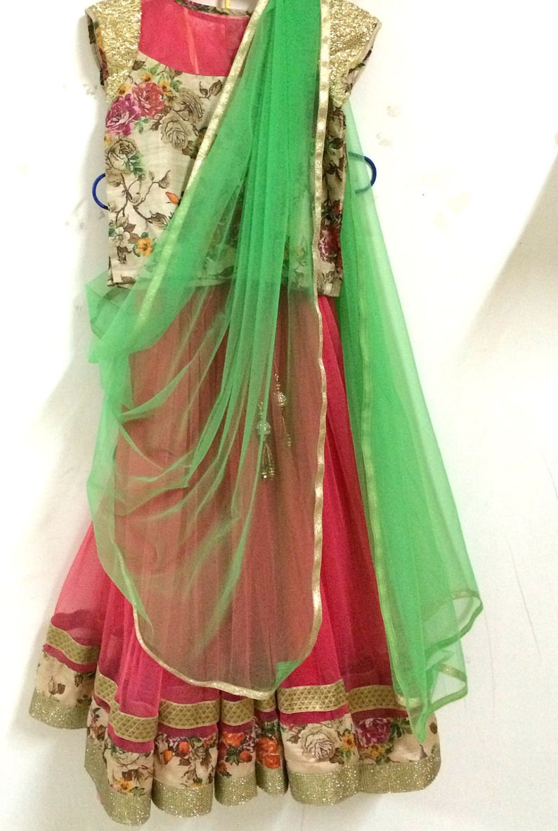 Beige Floral Silk and Watermelon Red Gathered Tulle Lehenga Etsy India