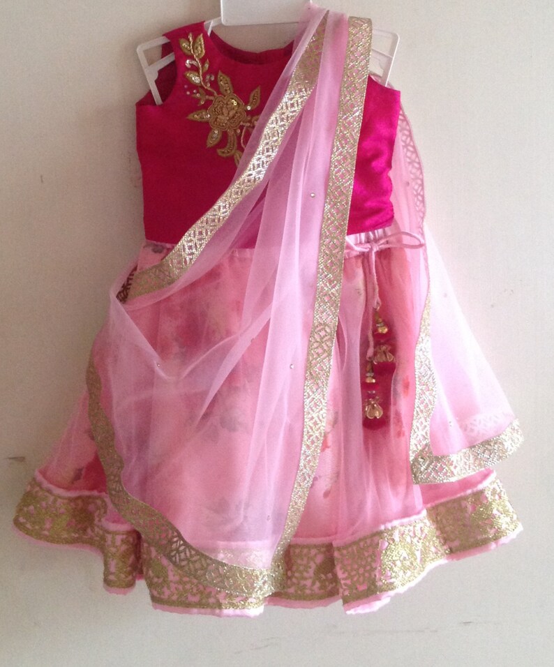 Hot Pink Raw Silk Crop Top With Pink Tulle and Floral Skirt Etsy India