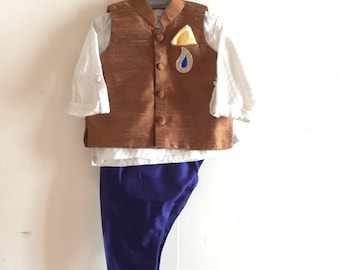 Boys tan raw silk vest nehru jacket with silk brocade kurta and jodhpur pants