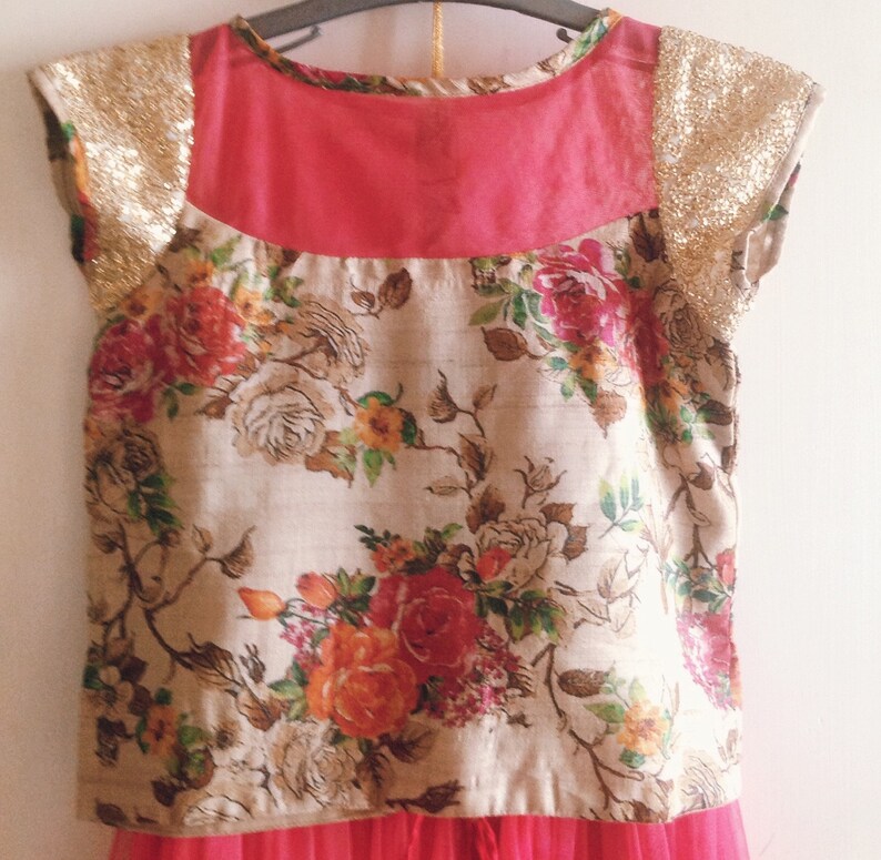 Beige Floral Silk and Watermelon Red Gathered Tulle Lehenga Etsy India