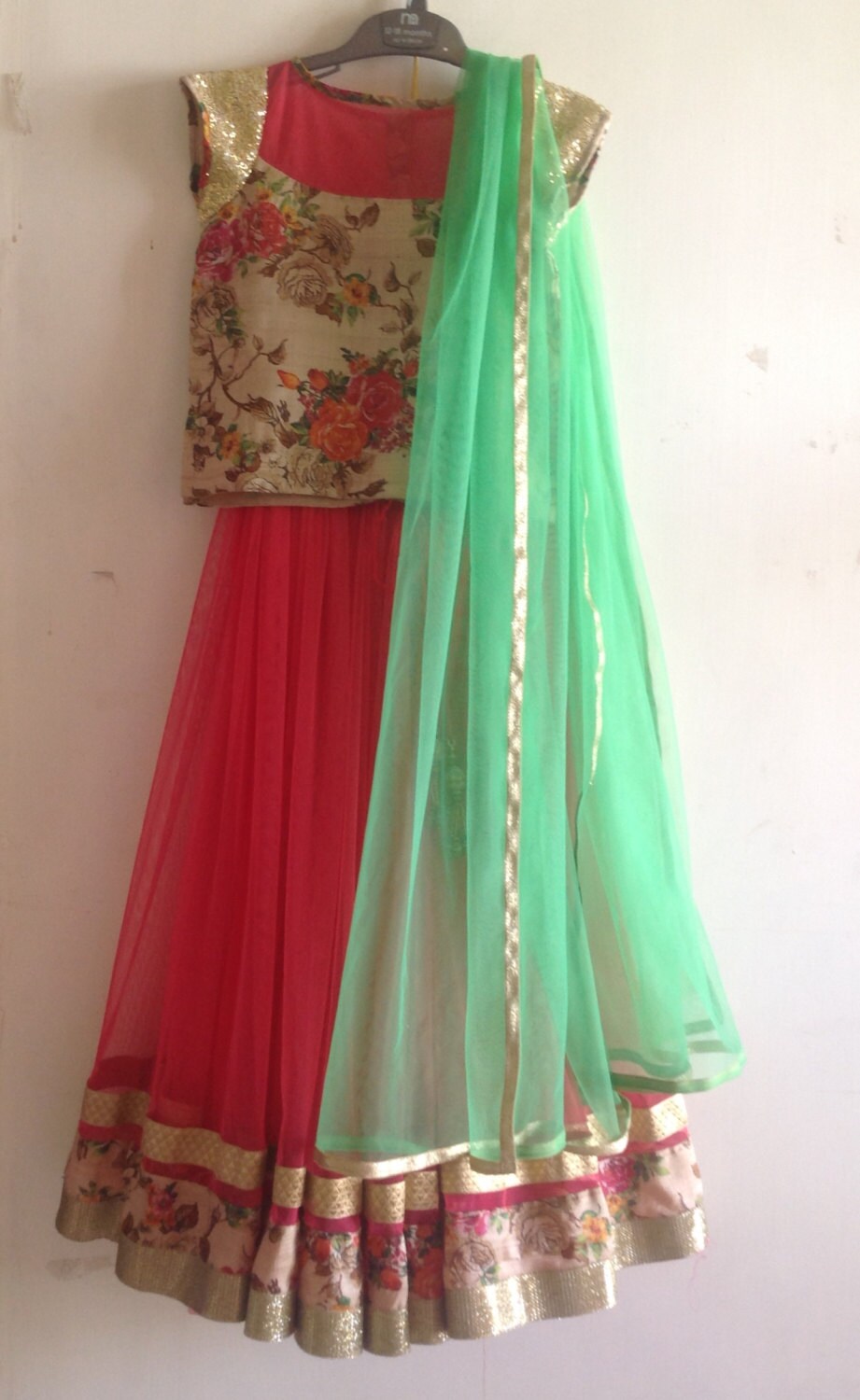 Beige floral silk and watermelon red gathered tulle lehenga Etsy