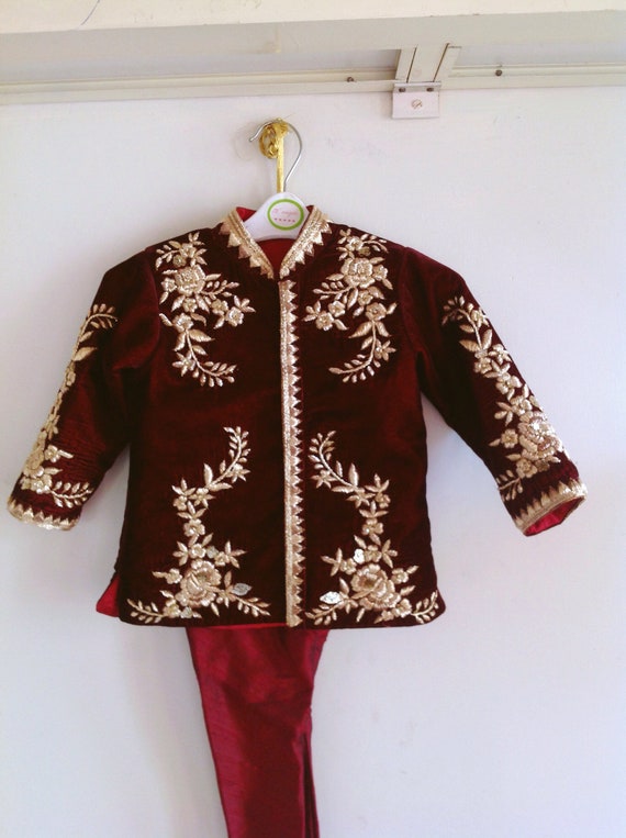 kids velvet sherwani and raw silk churidar pants