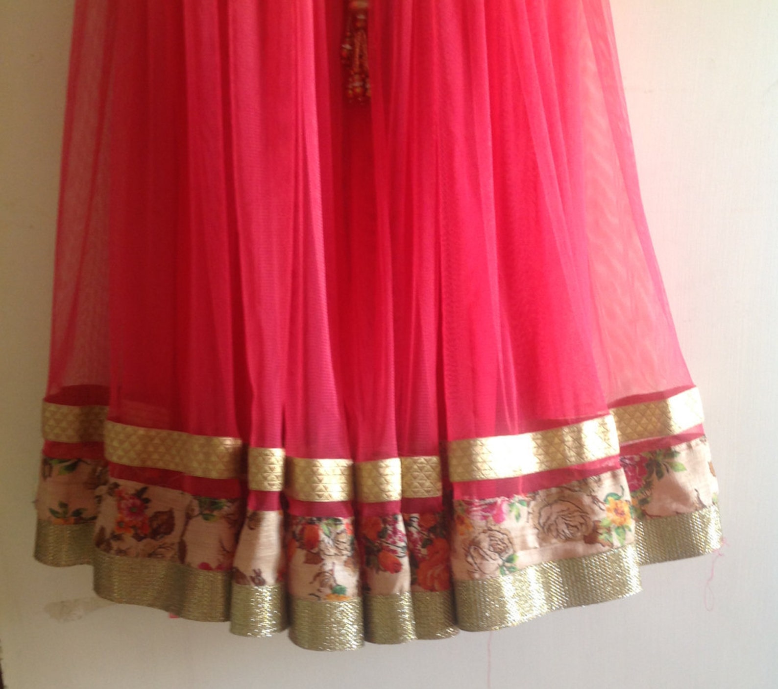 Beige Floral Silk and Watermelon Red Gathered Tulle Lehenga - Etsy India