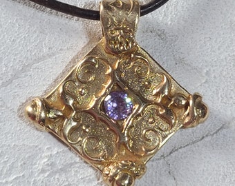 Medieval Pendant Modern New Vintage Grotesca Grisaille & Lavender Diamond CZ, Frenchie Men or Women Jewellery