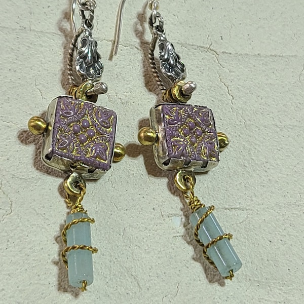 New Byzantine Roman Empress Silver Gold Earrings, Modern Ancient Artifact Long Dangles & Purple Lilas Mini Tile