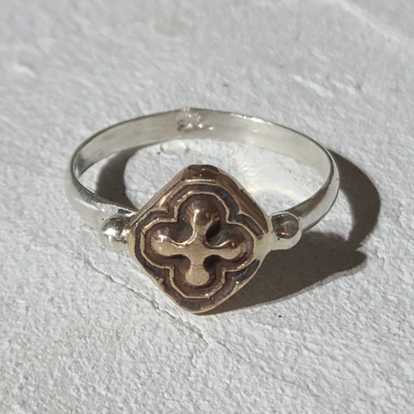 New Medieval Papal Ring Silver & Bronze Rosae Cross Ancient Roman Or Rose-Croix, Quatrefoil Amulet, Size 9