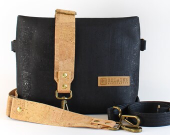 Black waist bag shoulder bag made of vegan cork with two straps