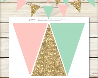 Descarga instantánea // Banner rosa, menta y oro // Banner de fiesta de menta y oro // Banner de fiesta de oro // Imprimibles DIY