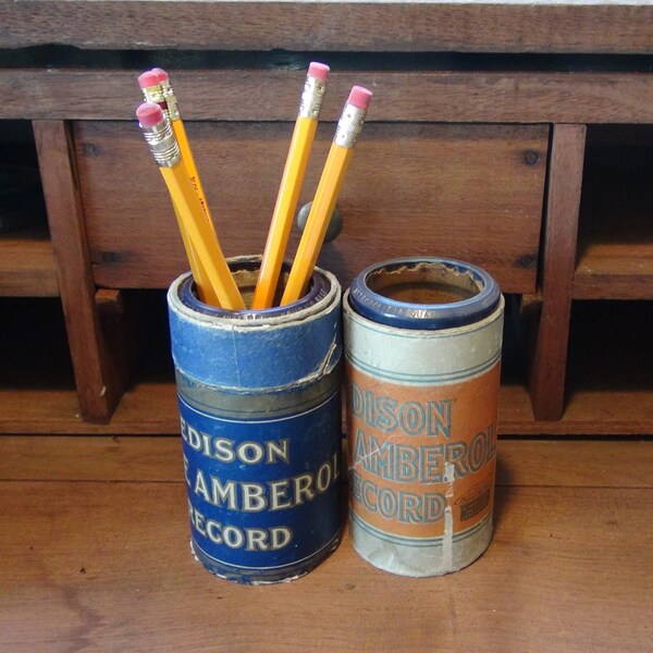 2 Vintage Edison Wax Records with Cardboard Canisters / Tube Records / Pencil Holders / Paint Brush Holders / Early 1900s
