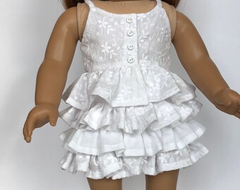 2 pc dress with ruffles in White Embroidered Cotton for 18 inch dolls