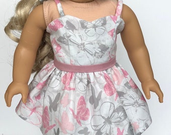 Sweetheart Strap Dress pink and gray butterflies for 18 inch dolls