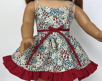 Sweetheart Strap Dresss in Red and Blue floral print with red ruffle fits 18 inch dolls