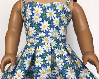 Strap Dress with Pleated Circle Skirt White Daisies on Blue for 18 inch dolls