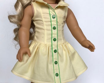 Button Front Dress Yellow with Green trim for 18 inch Dolls