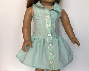 Button Front Dress Green with Yellow trim for 18 inch Dolls