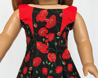 Couture Dress Red Poppies on Black for 18 inch dolls