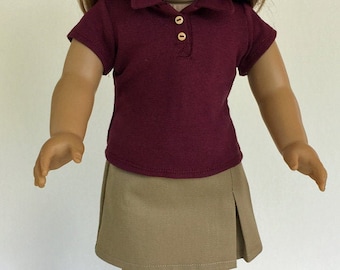 School Uniform for 18 inch dolls - Polo and Khaki or Navy Twill Skirt with side pleat