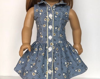 Button Front Dress white daisies on blue background for 18 inch Dolls, fits American Girl dolls