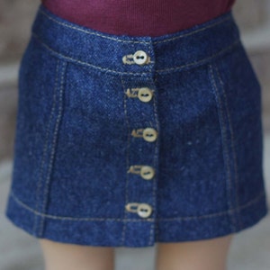 Button Front Blue Denim Mini Skirt for 18 inch dolls made from LJC Kings Canyon pattern