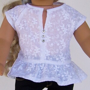 Peplum Top with Short Raglan Sleeves fits American Girl and similar 18 inch dolls - Kings Canyon pattern from Liberty Jane - white eyelet