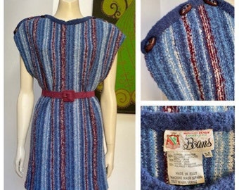 70's vintage Italian blue striped knit vest tunic w Toggle buttons S-M