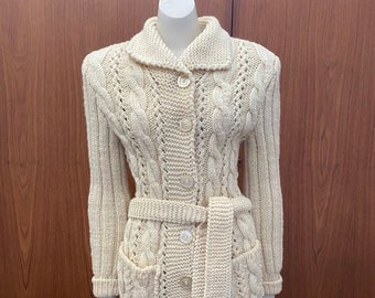 Vintage cable knit cream handknitted cardigan jacket w tie belt S-M