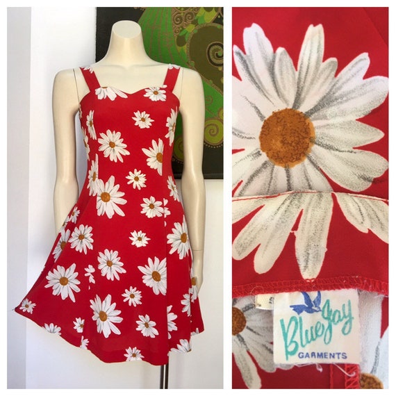 80's vintage red DAISY print skater dress S