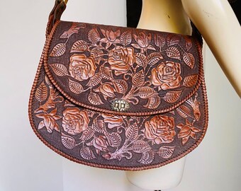 Vintage BIG tooled brown leather flower pattern shoulder bag