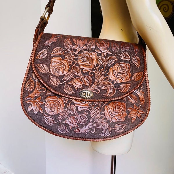 Vintage BIG tooled brown leather flower pattern shoulder bag