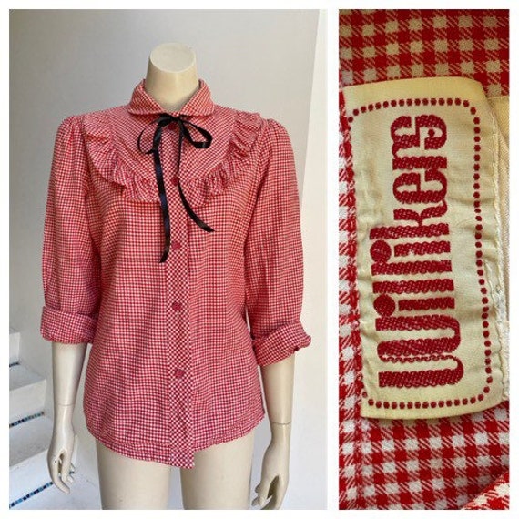 70's vintage red white gingham twill ruffle trim w