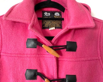 60's 70's vintage PINK Hooded Childs wool duffle coat wooden toggles Sz 5-6