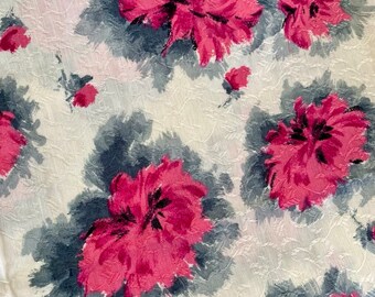 Mid century Vintage pink grey textured floral cotton fabric