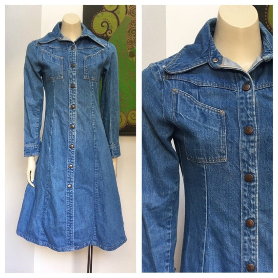 70s Vintage Landlubber long collar denim dress S