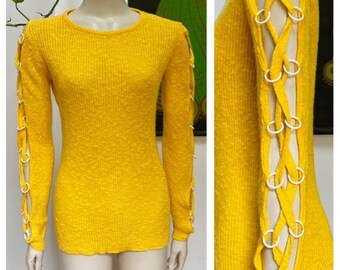 Vintage yellow open sleeve ring mod cotton sweater S-M
